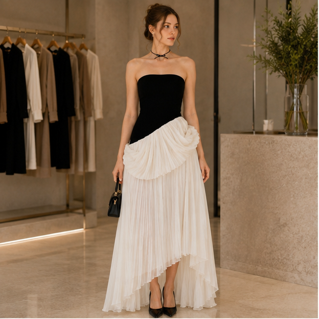 Elegant Black & White Pleated Maxi Dress 🤍🌺