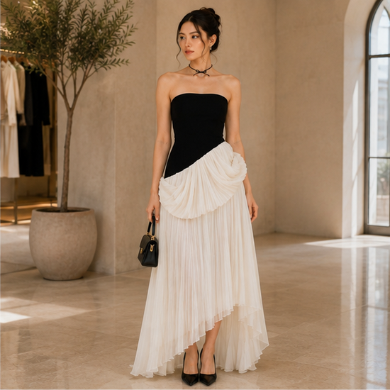 Elegant Black & White Pleated Maxi Dress 🤍🌺