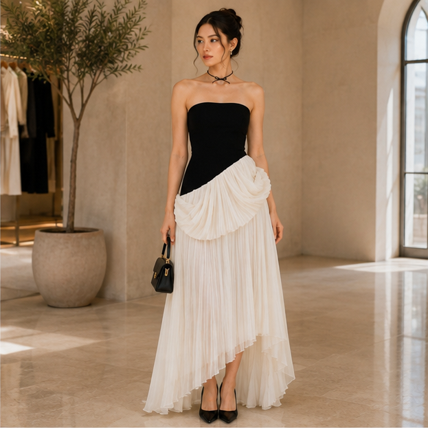 Elegant Black & White Pleated Maxi Dress 🤍🌺