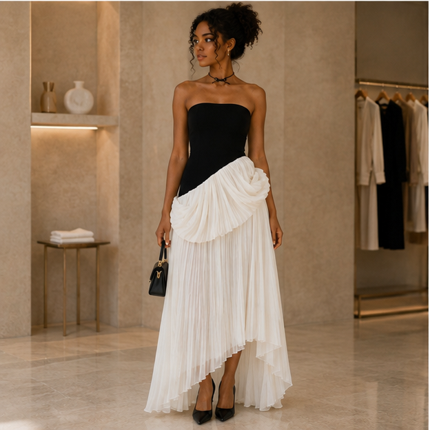 Elegant Black & White Pleated Maxi Dress 🤍🌺