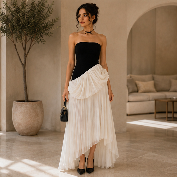 Elegant Black & White Pleated Maxi Dress 🤍🌺