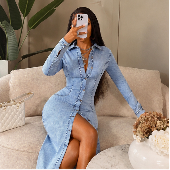 Aurora Denim Sculpt Midi Dress – Elegant Bodycon Button-Up Dress