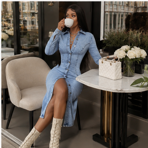 Aurora Denim Sculpt Midi Dress – Elegant Bodycon Button-Up Dress