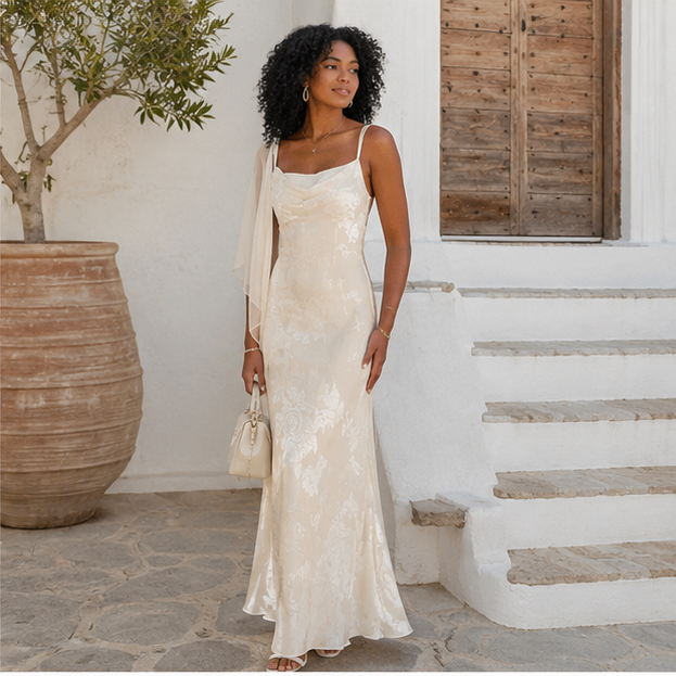 Celeste Satin Maxi Dress – Ivory Elegance 💎🌺🤍