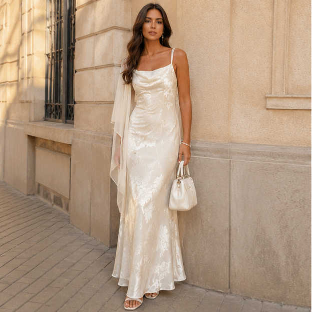 Celeste Satin Maxi Dress – Ivory Elegance 💎🌺🤍