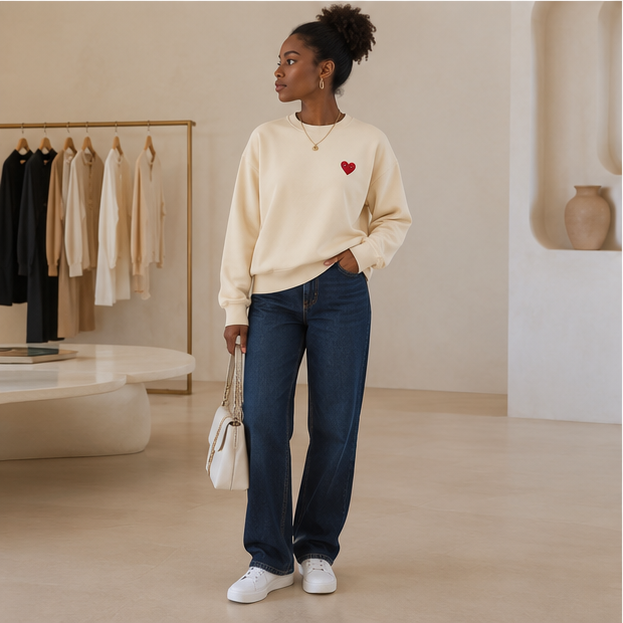 🤍 Heart Embroidered Oversized Sweatshirt 🌺🛍️✨