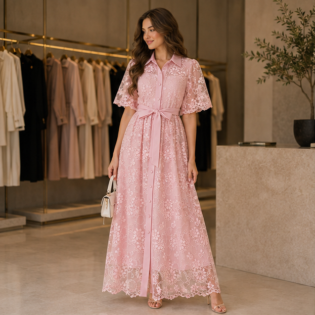 🌸 Robe Longue Fleurie Rose Élégante en Dentelle 💖