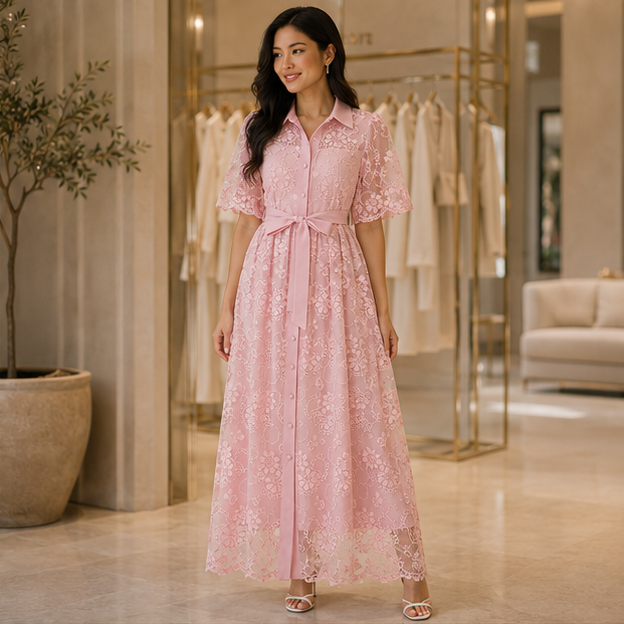 🌸 Robe Longue Fleurie Rose Élégante en Dentelle 💖