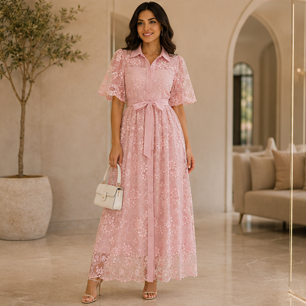 🌸 Robe Longue Fleurie Rose Élégante en Dentelle 💖