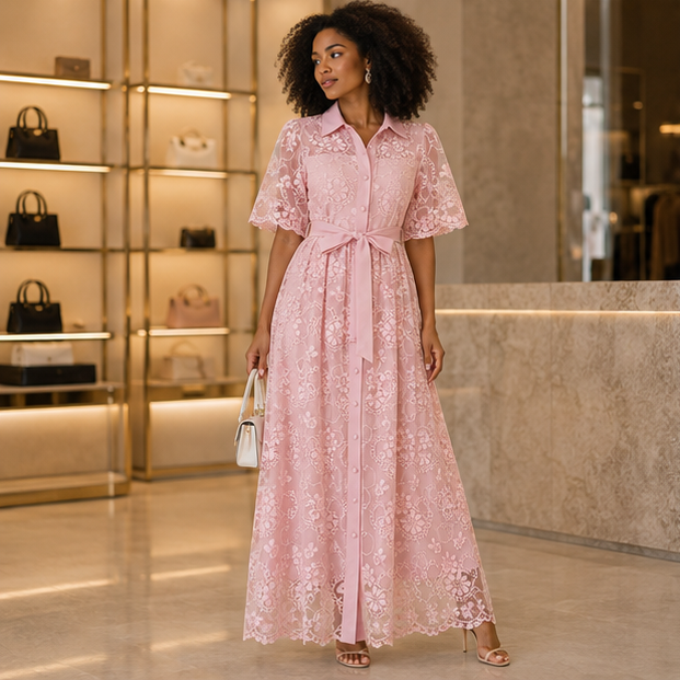 🌸 Robe Longue Fleurie Rose Élégante en Dentelle 💖