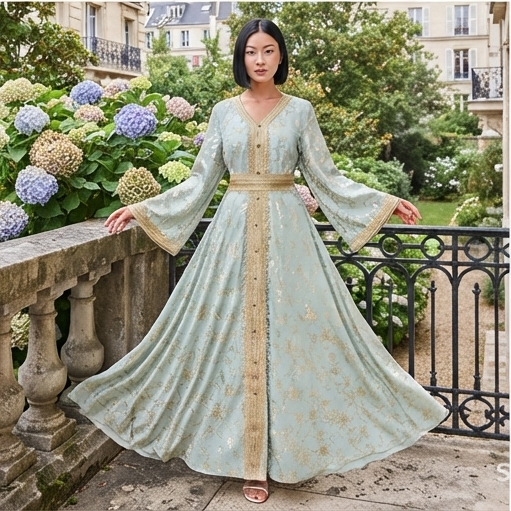 Robe Caftan Élégance Orientale - Édition Broderies Dorées 🤍🌺