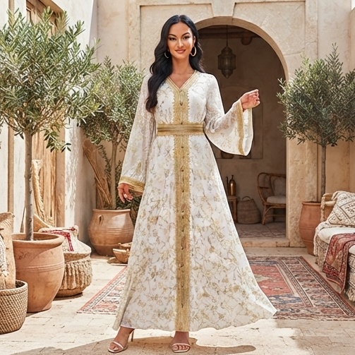 Robe Caftan Élégance Orientale - Édition Broderies Dorées 🤍🌺