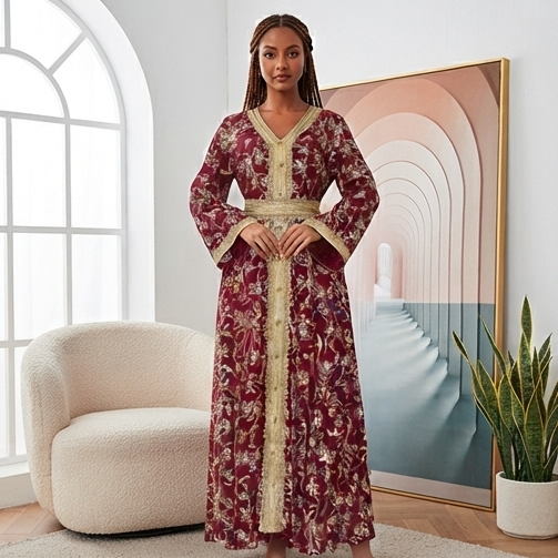 Robe Caftan Élégance Orientale - Édition Broderies Dorées 🤍🌺
