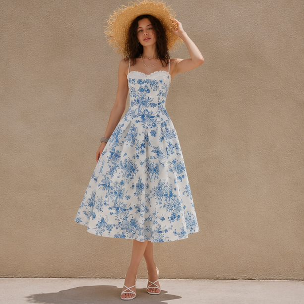 Azure Bloom Floral Midi Dress 🌺🤍