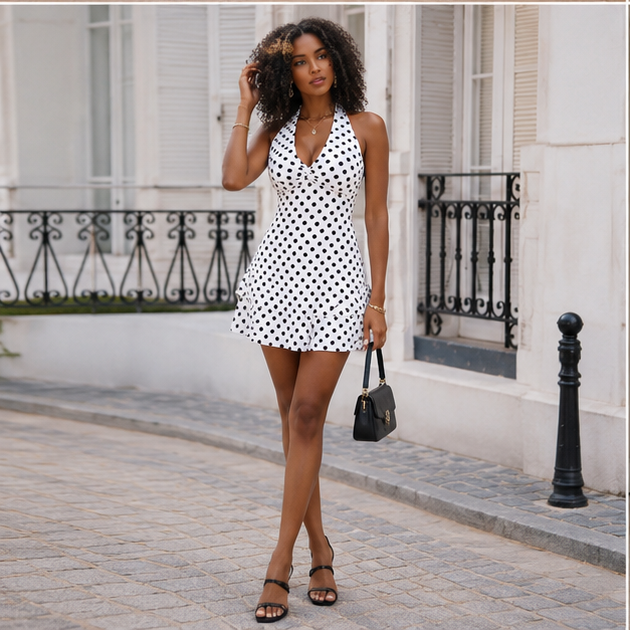 🇬🇧 Elegant Polka Dot Halter Mini Dress ✨🤎