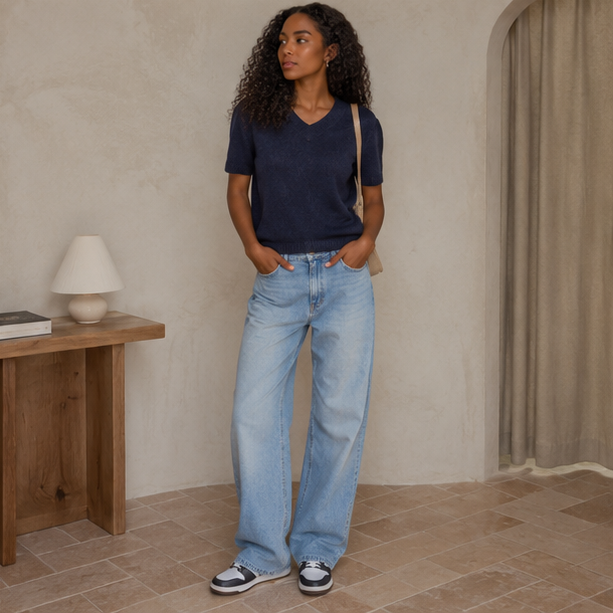 🇬🇧 🩶 Women’s Chic Knit Top & Wide-Leg Denim Jeans Set🤍🌺🛍️