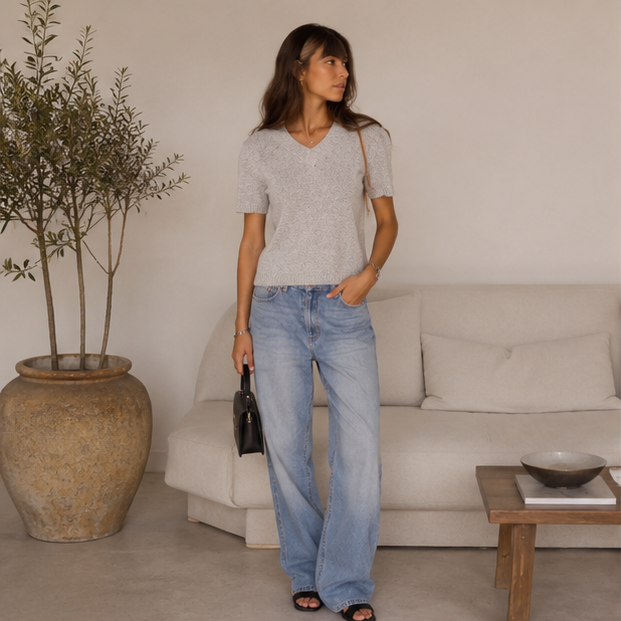 🇬🇧 🩶 Women’s Chic Knit Top & Wide-Leg Denim Jeans Set🤍🌺🛍️