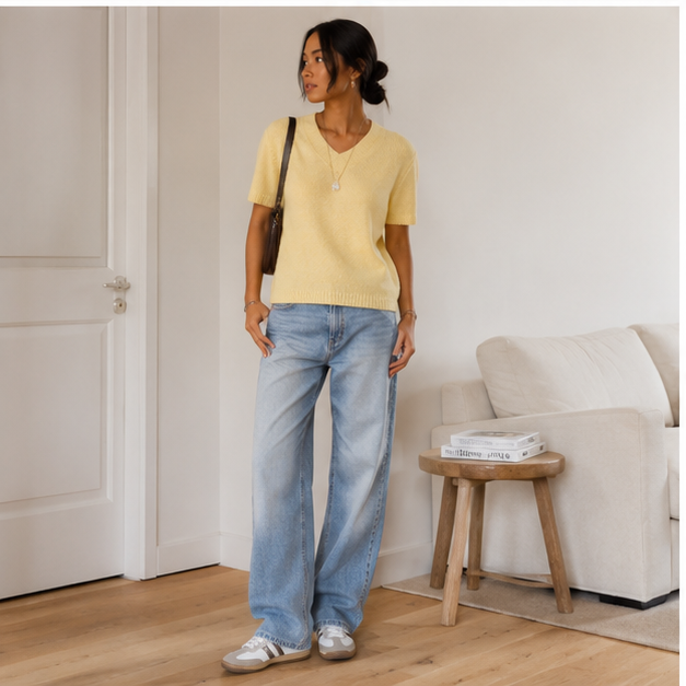🇬🇧 🩶 Women’s Chic Knit Top & Wide-Leg Denim Jeans Set🤍🌺🛍️