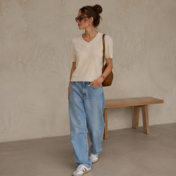 🇬🇧 🩶 Women’s Chic Knit Top & Wide-Leg Denim Jeans Set🤍🌺🛍️