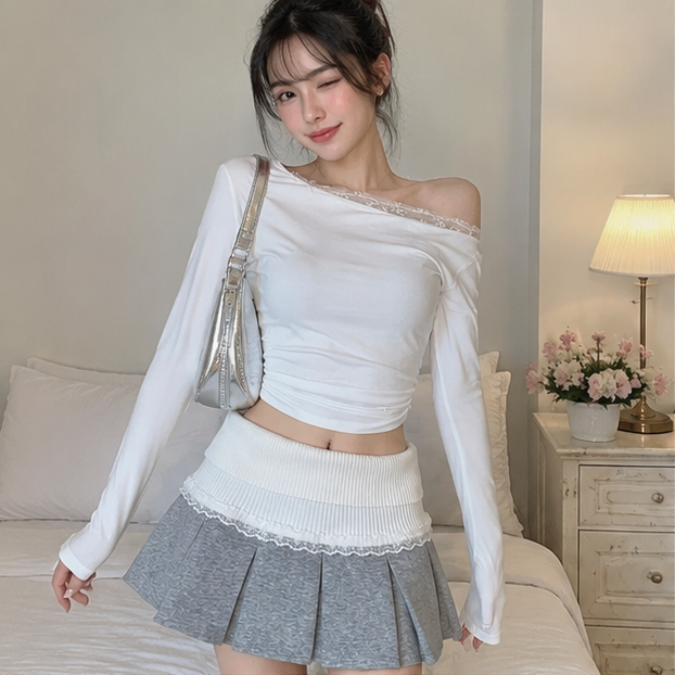 Coquette Lace Pleated Mini Skirt 🤍🎀